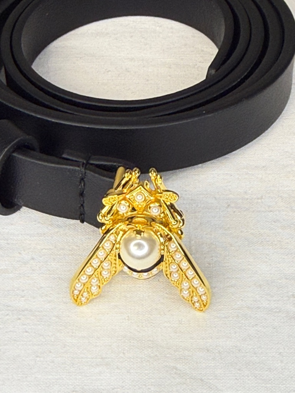 Christian Dior Bee Pearl Leather Belt Black 70cm Gold Charm - Picture 3 of 5